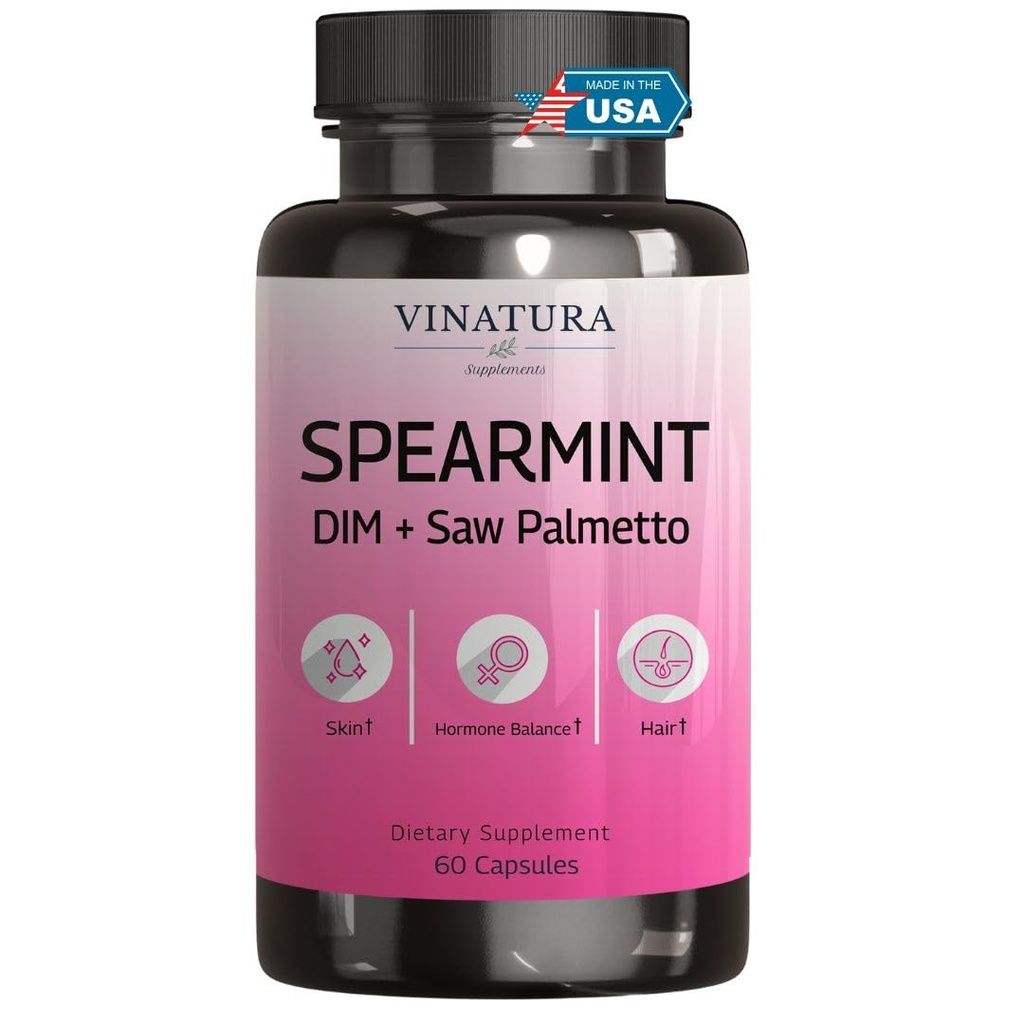 VINATURA Spearmint Leaf Capsules Supplement - Enhanced with DIM & Saw Palmetto, for Unwanted Hair, Women' Health & Skin *USA Made & Tested* - 1380mg/serving, 60 Capsules (30 Servings)