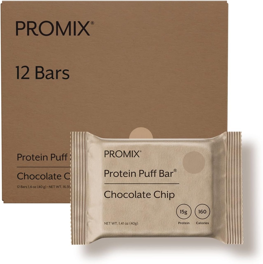 ProMix Nutrition Protein Puff Bares, 12-Pack - Chip de chocolate - Marshmallow Crispy Treat - grande degustação e saudável no lanche Go - alta proteína e baixa caloria - não-GMO e livre de glúten, soja, & milho