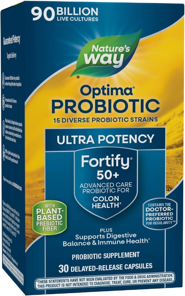 Nature's Way Fortify Optima Probiotic for Adults 50+, 90 Miljard Live Cultures, 15 Strains, Colon Health*, Supports Digestief Balance and Immune Health*, 30 Capsules (Verpakking mei Vary)