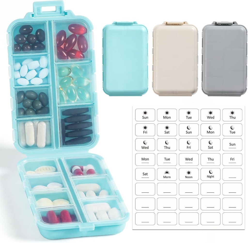 3 Pack, 14 GRIDS Travel Pill Organizer Box with Labels - Zestaw leków podróży Case Kit - Pocket Daily Pharmacy Container - Travel Mexication Holder Dispenser for Fish Oil Supplement Storage
