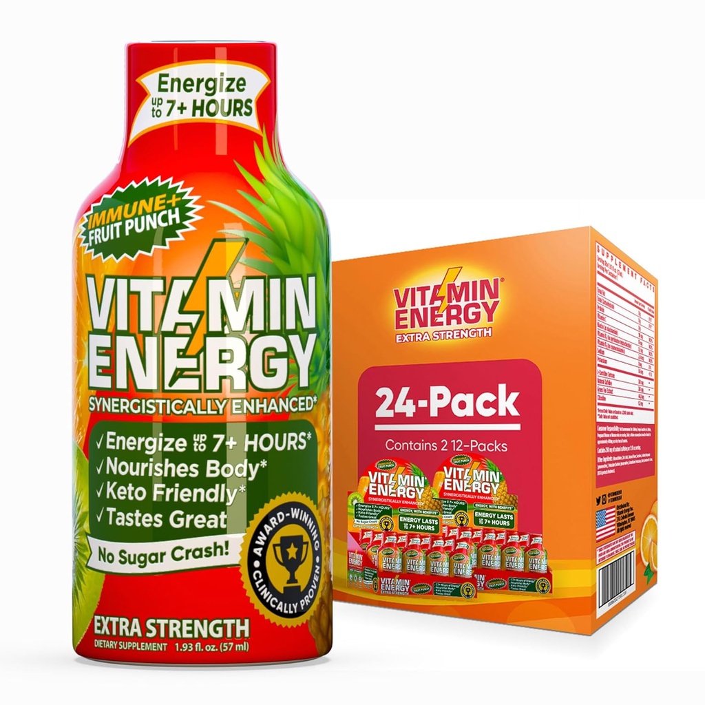 Vitamín Energy Immune+ Extra sila Energia Shot Fruit Punch 24 Balenie, 260mg Prírodný kofeín, B-vitamíny, Citrikolína, Zelený čaj, Imunita & Focus Podpora, Zero Cukor, Gluten-free 1,93 fl oz