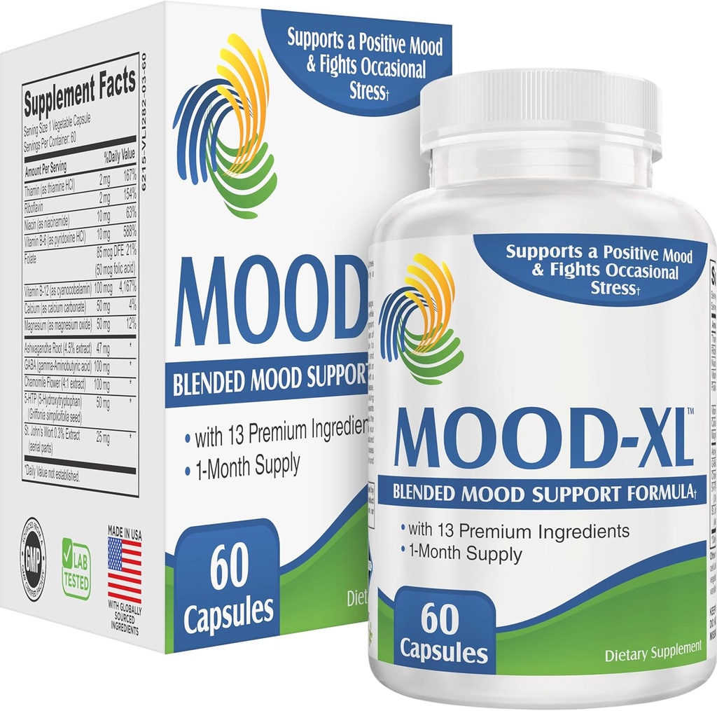 Mood- XL: 30- Day Mood Support Supplementary (All- in-1 Blend) s 13 Aktivní ingredience CLAS124; Zdravé Mood doplňky & Vitamíny CLAS124; 1- Měsíční dodávky CLAS124; 60 Kapsle