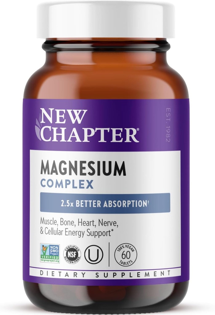 New Chapter Magnesium Complex supplement, 325mg with Magnesium Glycinate + Sea-Sourced + Fermented Forms for Heart, Bone, Nerve, Muscle ' Cellular Energy, 100% Vegan, 60 Tablets