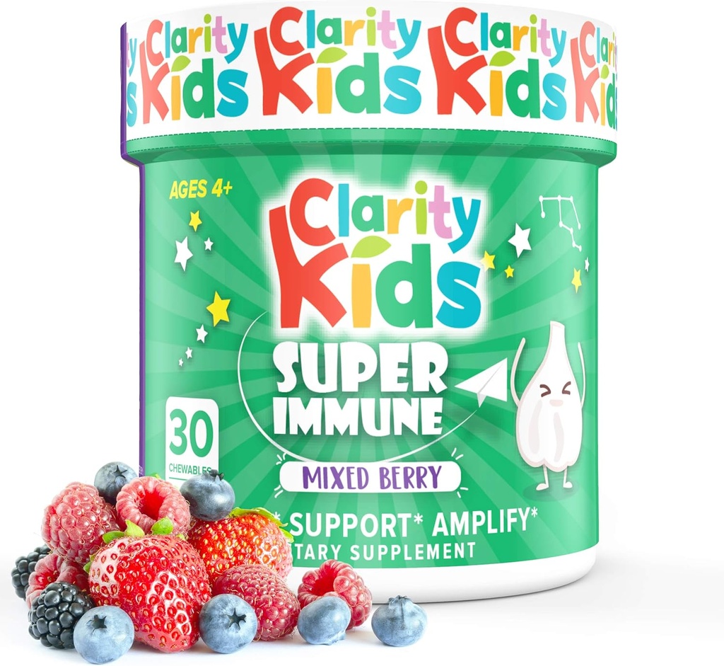 Clarity Kids Super Immune Support | Elderberry Extract, Vitamin C, Probiotics & Zinc for Children | All Natural Kid Supplement for a Healthy Gut | USA Made Chewables | 30 Piece
