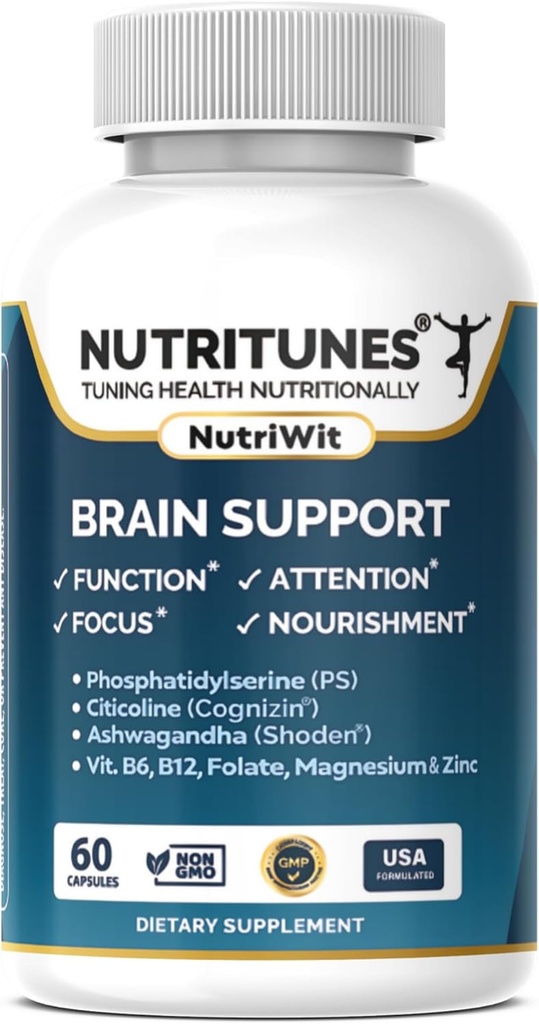 Brain Health Supplement–Memory, Focus & Brain Nourishment Support mit Cognizin Citicoline, Phosphatidylserine, Shoden Ashwagandha, B Vitamine, Magnesium & Zink–60 NutriWit Kapseln