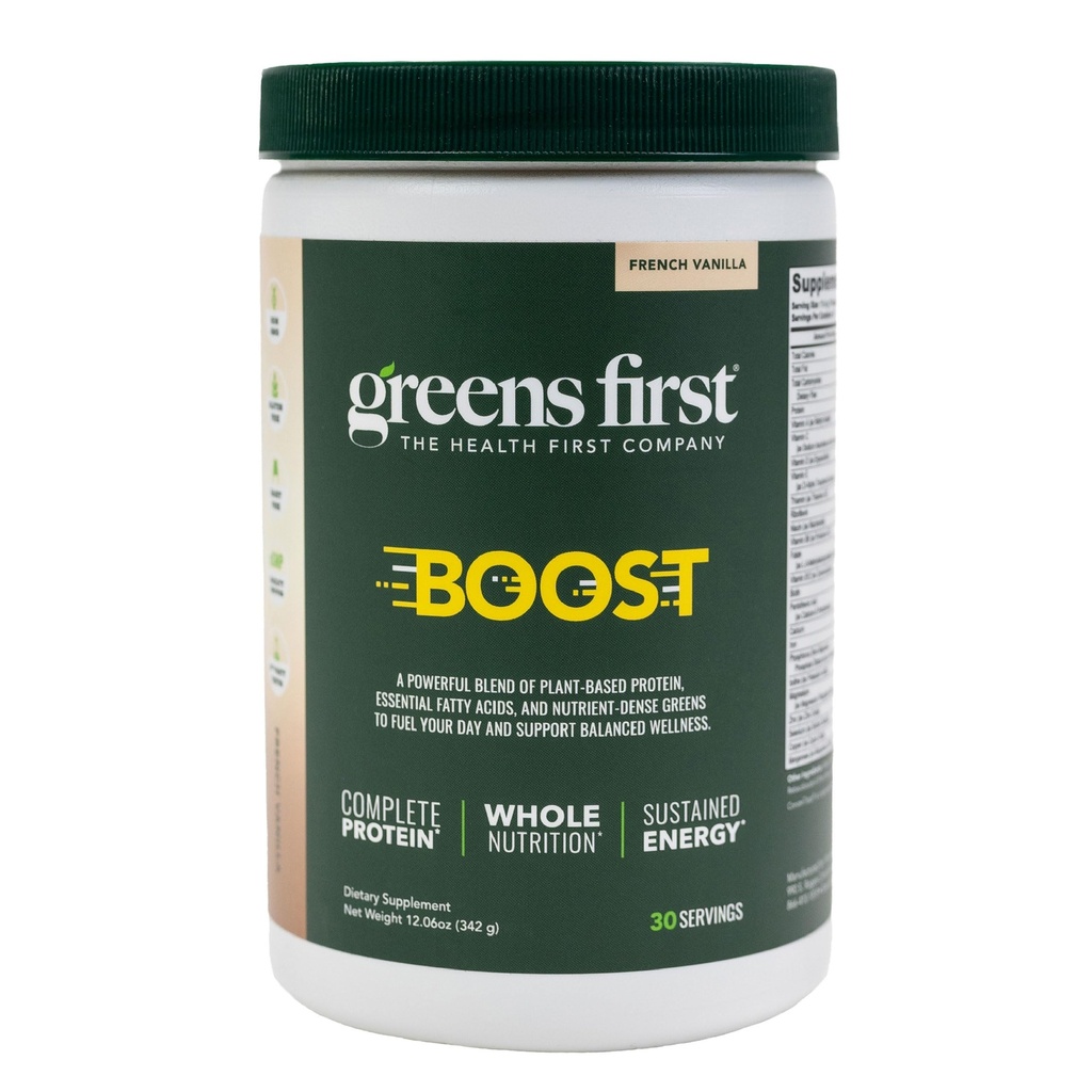 Greens First Boost - Plant-Based Protein & Balanced Nutrition - Superfood Shake Mix - No Wheat or Soy - Dairy-Free - Vegan - French Vanilla, 12.06 oz