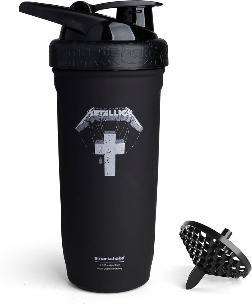Smartshake Rockband Reforce Stainless Steel Protein Shaker Bottle 900 ml | 30 oz - Leakproof Screw-on Lid - BPA Free – Unisex - Metallica, Master of Puppets Logo on Bottle