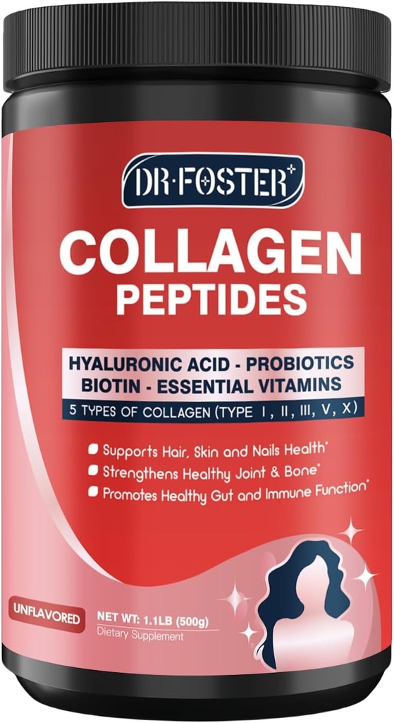 DRFOSTER Multi-Colágeno-Peptide-Powder con Probióticos, 50 Servidores de Peptidos de Collagen Hidrolizados con Ácido Hialurónico, Biotina & Multivitaminas - Soportes Skin, Hair, Nails Health