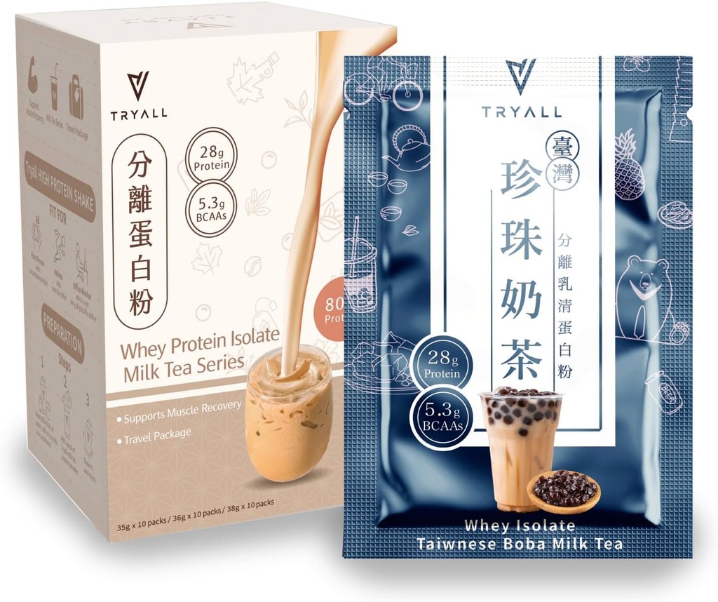 TRYALL Recharge Post Workout Supplement Tägliche Muskelaufbau und Erholungsergänzung (Taiwan Bubble Milk Tea, 10 Packungen)