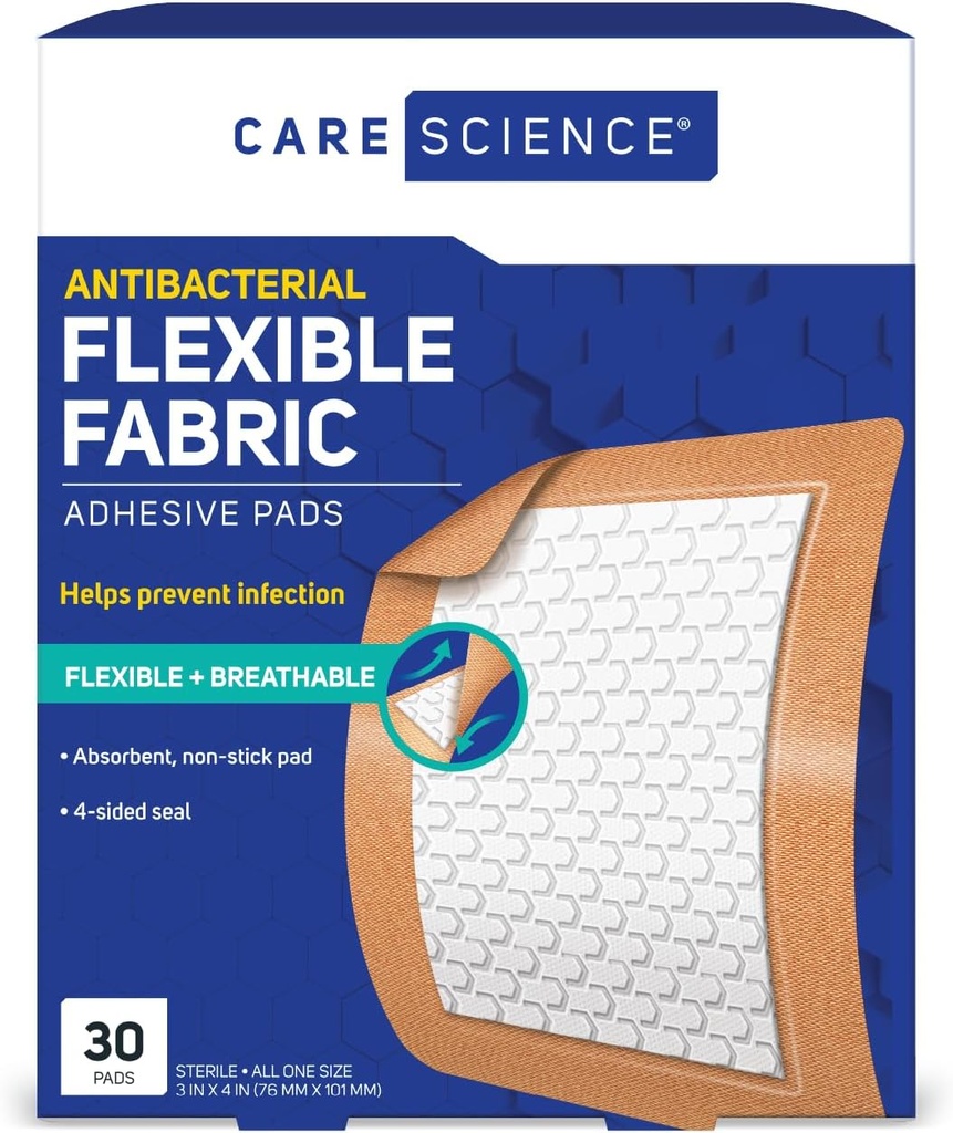 Care Science Fabric Adhesive Pad Bandages, 3x4 pulgadas Extra Large Flexible Non-Stick Strip, Helps Prevent Infection, Breathable Protection, for First Aid ' Wound Care, 30 Conde