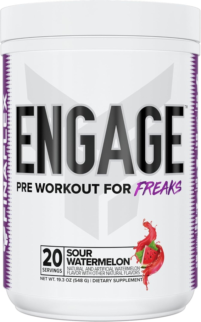 FINAFLEX Engage Pre Workout, Sour Watermelon - Train Harder, Longer & Stronger - Creatine, Beta-Alanine, Alpha GPC, Citrulline 및 Caffeine - 20 서빙 포함
