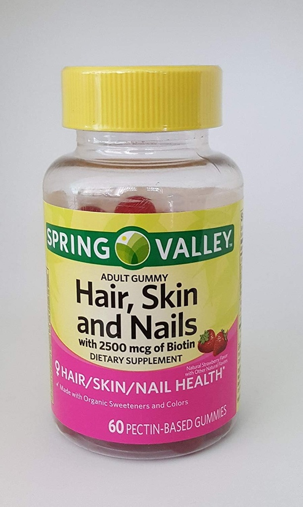 Spring Valley Hair, Skin and Nails with 2500 mcg of Biotin Dietary Supplement, 60 Pectin-Based Gummies