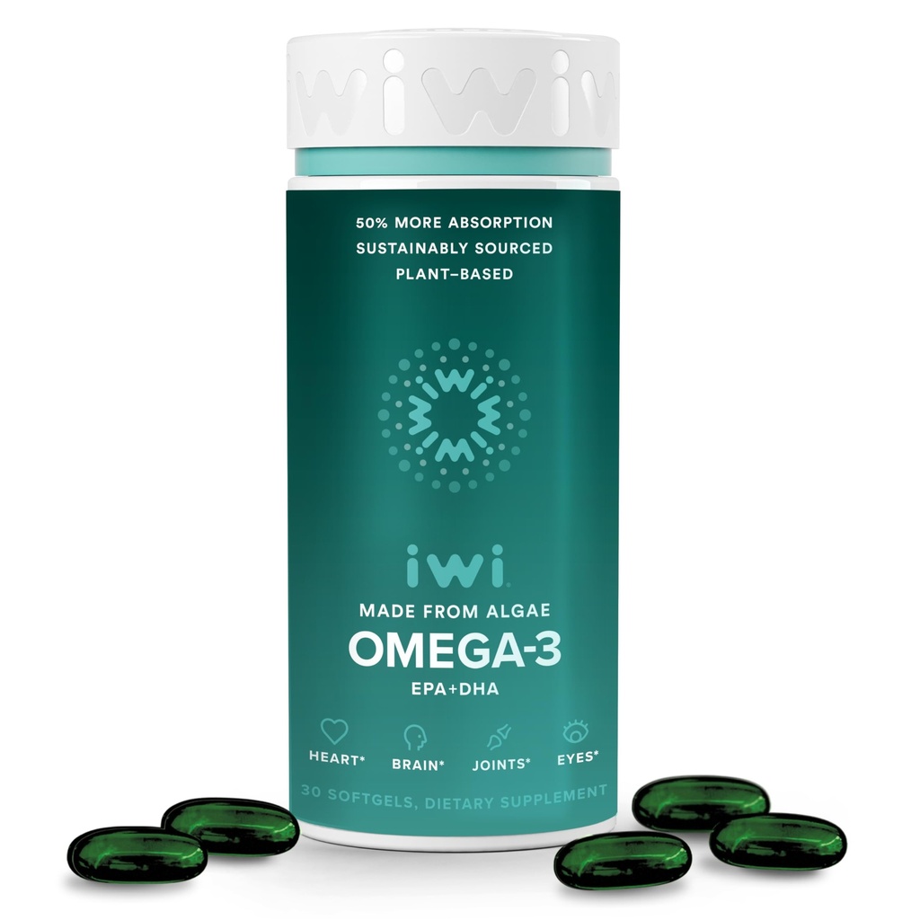 Iwi Omega-3, 30 Softgels (30 Servings), Vegan Plant-Based Algae Omega 3 with EPA + DHA, Whole-Body Support Dietary Supplement, Krill & Fish Oil Alternative, No Fishy Aftertaste
