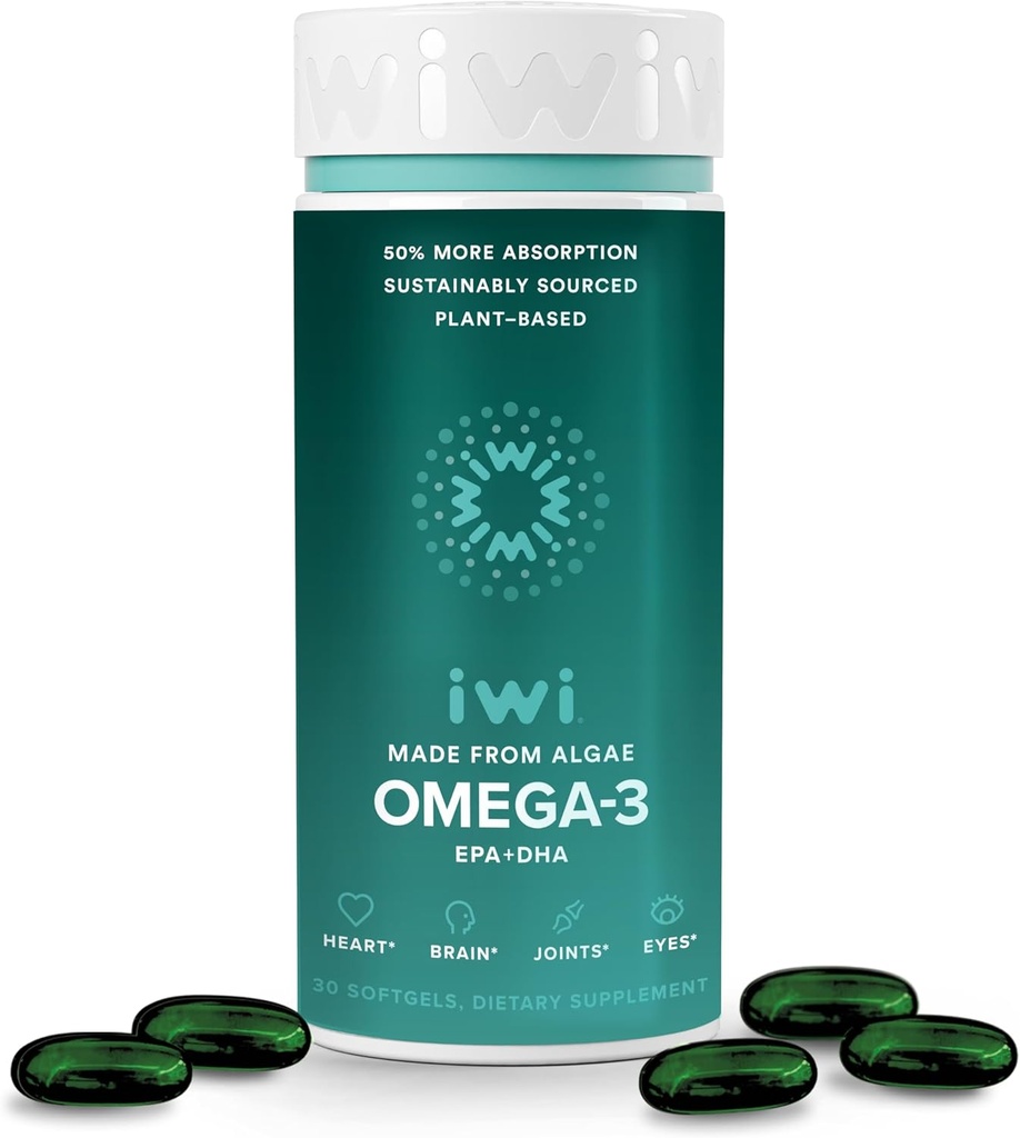 Iwi Omega-3, 30 Softgels (30 Servings), Vegan Plant-Based Algae Omega 3 with EPA + DHA, whole-Body Support Dietary supplement, Krill ' Fish Oil Alternative, No Fishy Aftertaste