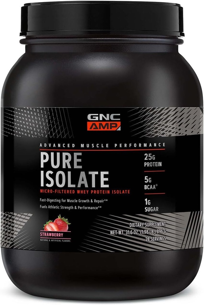 GNC AMP Isote Whey Protein Powder, Creixement Muscle, Rendiment, 25g Protein, 5g BCAA, 1g Sugar, 130 Caloris o menys, 3er Partit Tested, Guten Free, Strawberry, 28 SVG