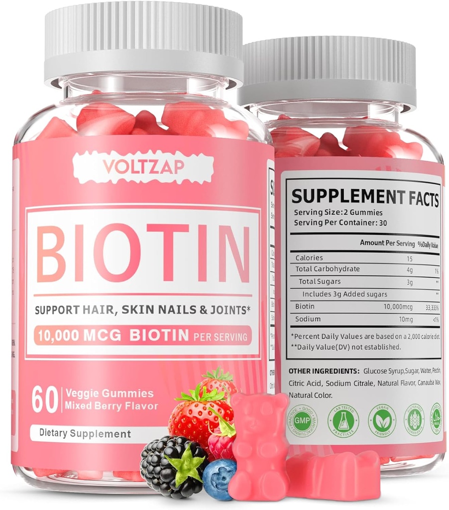 Biotin Supplement, 60 Vegan Gummies, Antioxidant Support for Healthy Skin, Hair and Nails for Women and Men, Non-GMO