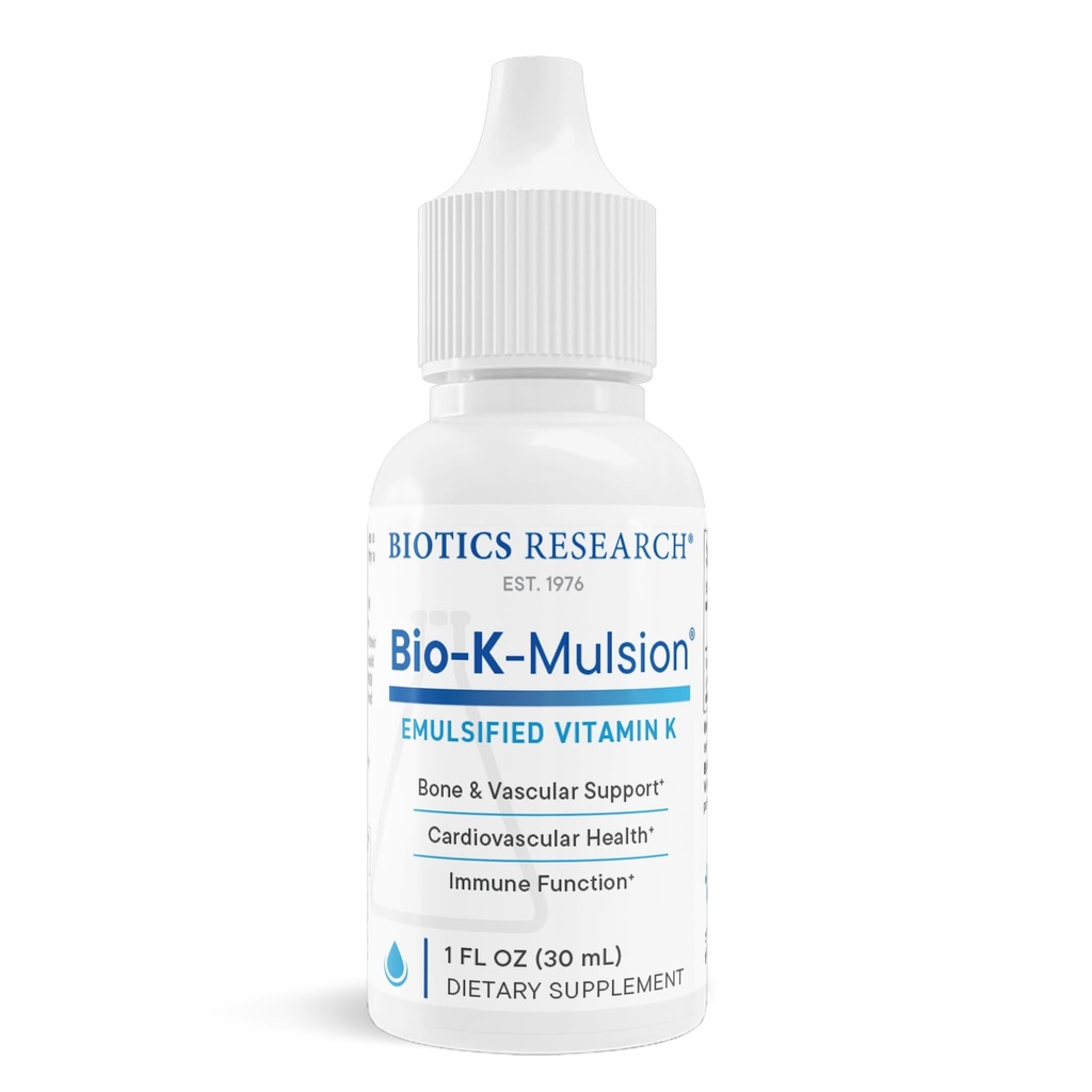 BIOTICS RESEARCH Bio K Mulsion Liquid Vitamin K Drops - 500 mcg/S - Vitamin K1 phytonadione for Adults - VIT K Supplement - Strong Bones, Heart Health, Blood Clotting Support, 1 fl oz