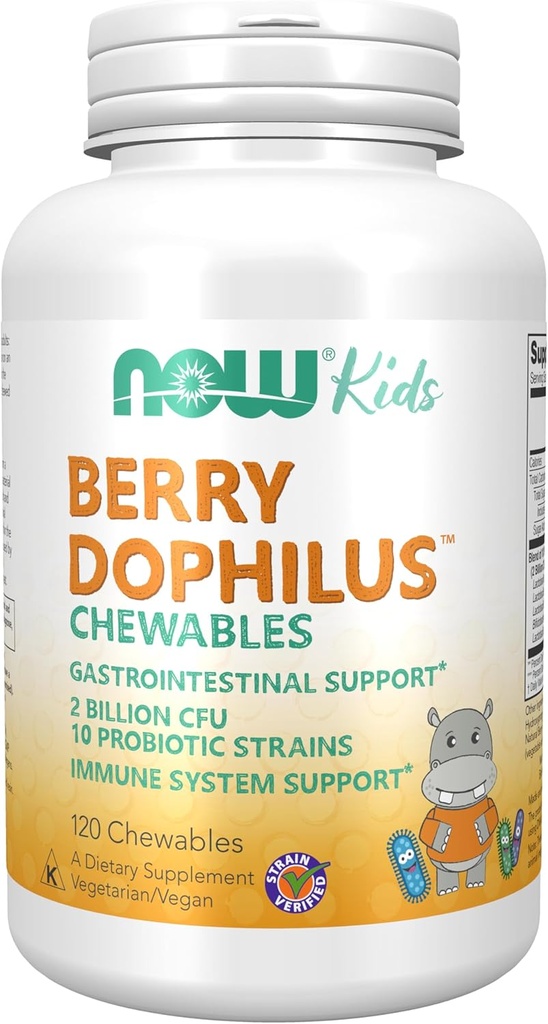 Now Foods Supplements, BerryDophilusTM con 2 Billion, 10 Strains probióticos, Xylitol Sweetened, Strain Verified, 120 Chewables, embalaxe pode variar.