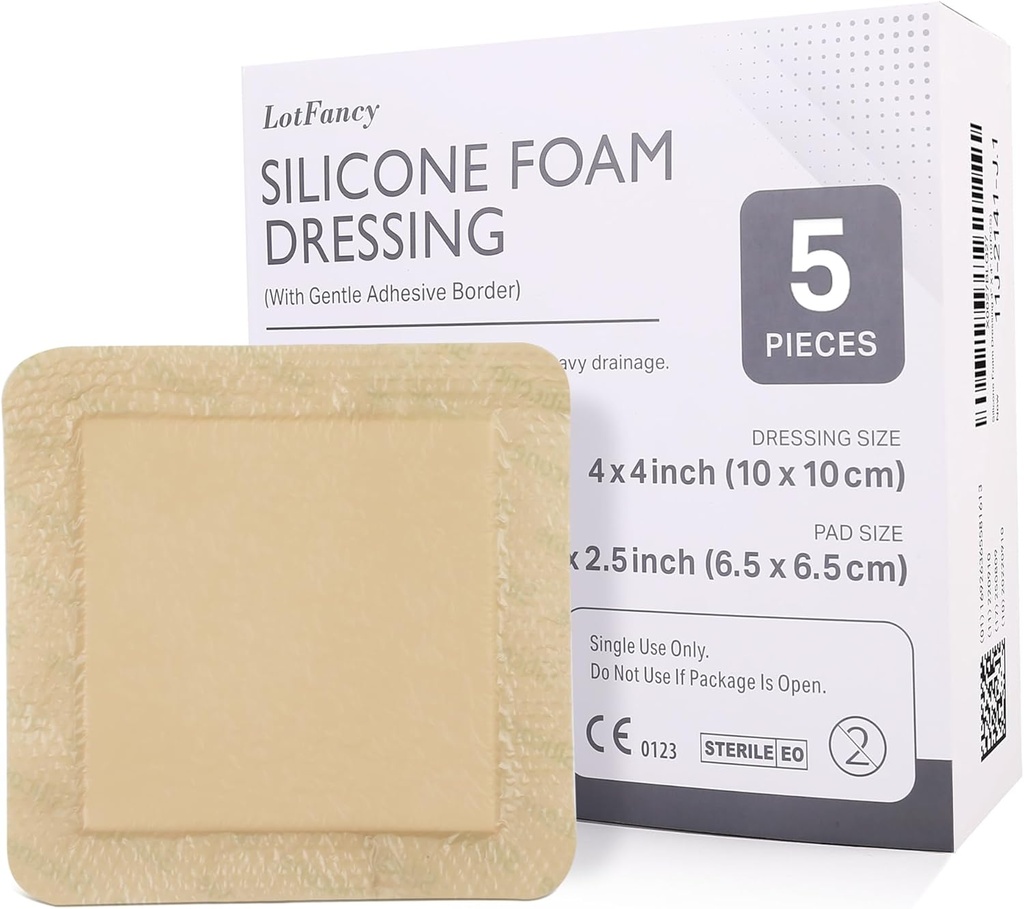 LótFancy Silicone Foaming, 4 "x 4" (2.5x2.5 Pad), 5 Bá tước, Sterile biên giới bị thương nặng mặc quần áo, Bed Sores, Leg Ulcers Wose Care Bandage, Highly Absorbent, Waterproproprop
