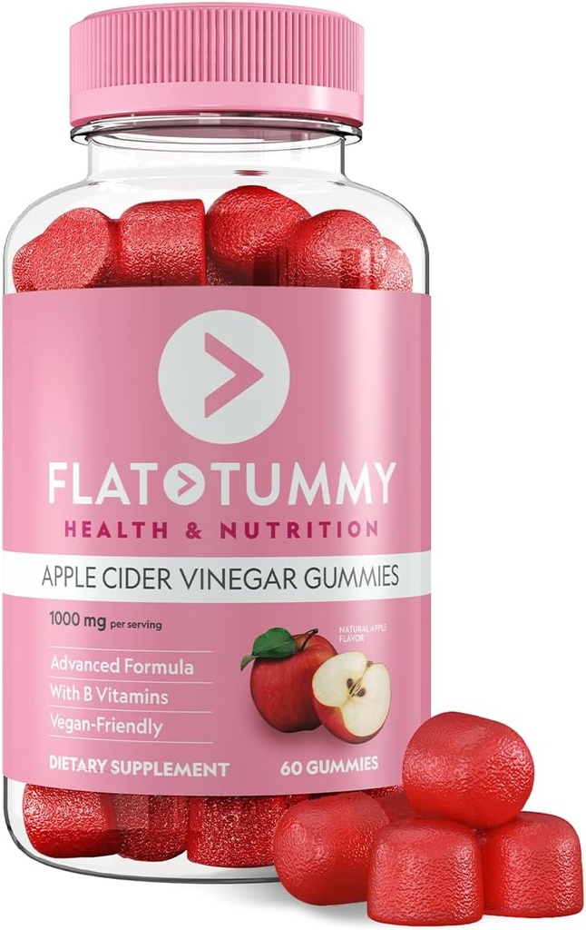 Flat Tummy Apple Cider Vinegar Gummies, 60 count – ACV Gummies, Detox, Support Gut Health – Vegan-Friendly, Non-GMO - Beet and Pomegranate Superfood Powders, Vitamins B6, B9