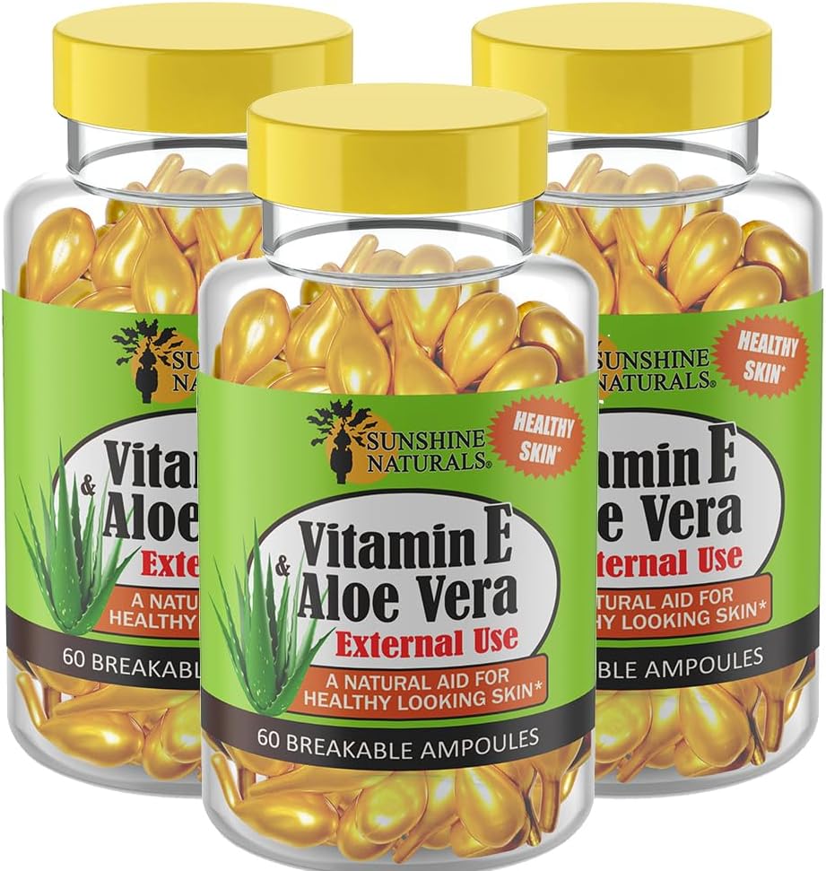 Sunshine Naturals Vitamin E and Aloe Vera Moisturizer. Hydrating Formula for Dry Skin, Soothing Relief, Nourishment, and Skin Elasticity. Promotes Soft, and Healthy-Looking Skin. 60 Vials. Pack of 3