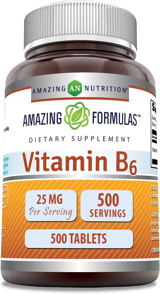 Amazonės formulės Vitaminas B6 (piridoksinas) 25 Mg Papildymas - 124; Tabletės - 124; Ne GMO - 124; Nemokamai gliuktenui - 124; Pagaminta JAV (1 Pack ® 124; 500 Count)