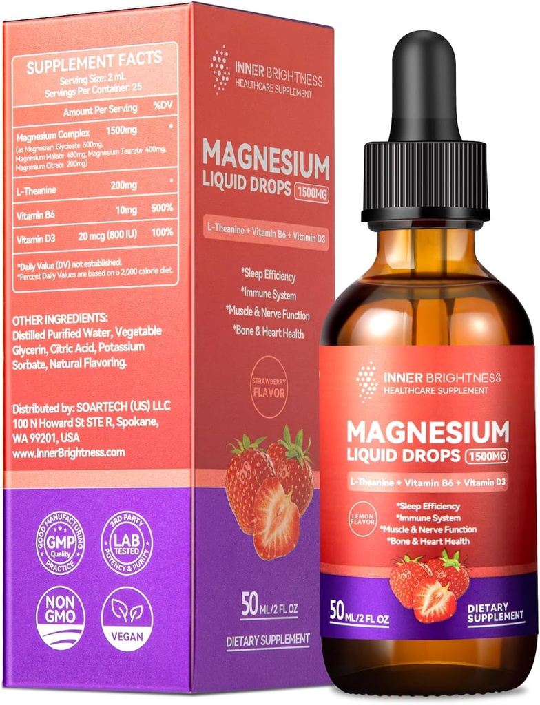 Magnesium Glycinate Flüssigkeitstropfen mit Magnesium Citrat & Taurate, L-Theanin, Vitamin D3, B6 - Unterstützt Beruhigung, Schlaf, Muskelentspannung, Leg Cramps & Energie, Zuckerfreie Erdbeer-Flaschen, 50mL