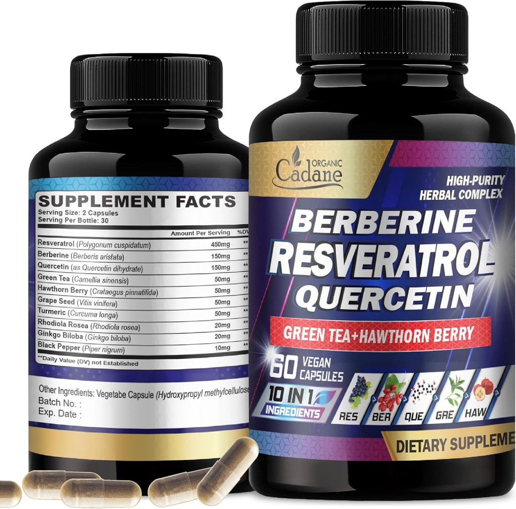 Cadane Resveratrol 补编 - 10in1 附加 Quercetin、柏柏林、绿茶、葡萄种子、Hawthorn Berry、Turmeric、Rhodiola Rosea、Ginkgo Biloba和黑辣椒 - 60 Capsules