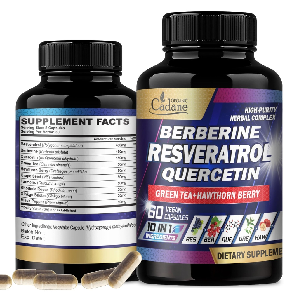 Cadane Resveratrol Supplement - 10in1 Plus with Quercetin, Berberine, Green Tea, Grape Seed, Hawthorn Berry, Turmeric, Rhodiola Rosea, Ginkgo Biloba, and Black Pepper - 60 Capsules