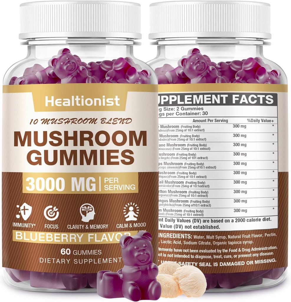300 MG Mushroom Complex Gummies 10 Blend - Singa Mane Gummies untuk Dewasa, Cordyceps, Shiitake, Reishi, Chaga, Otak, Dukungan Imune & Stress Relief, Energy, Mashroom Suplemen untuk Pria & Perempuan