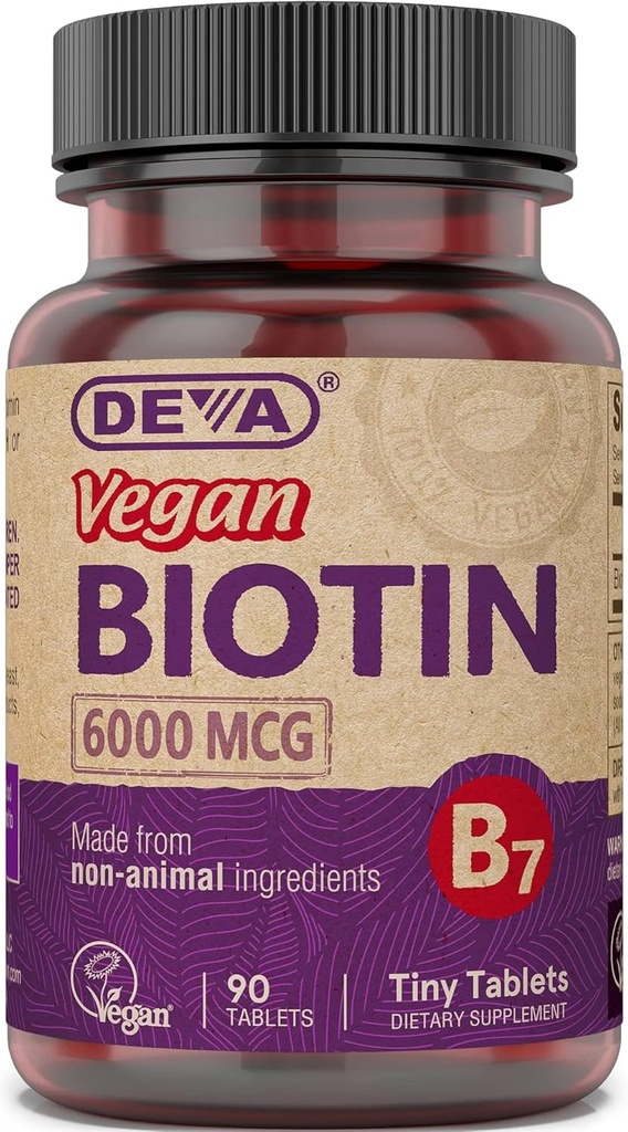Deva Vegan Biotin Suplemen 6000 mcg - Easy- to- Swallow Vitamin B7, Tiny Tablets, 90 Count