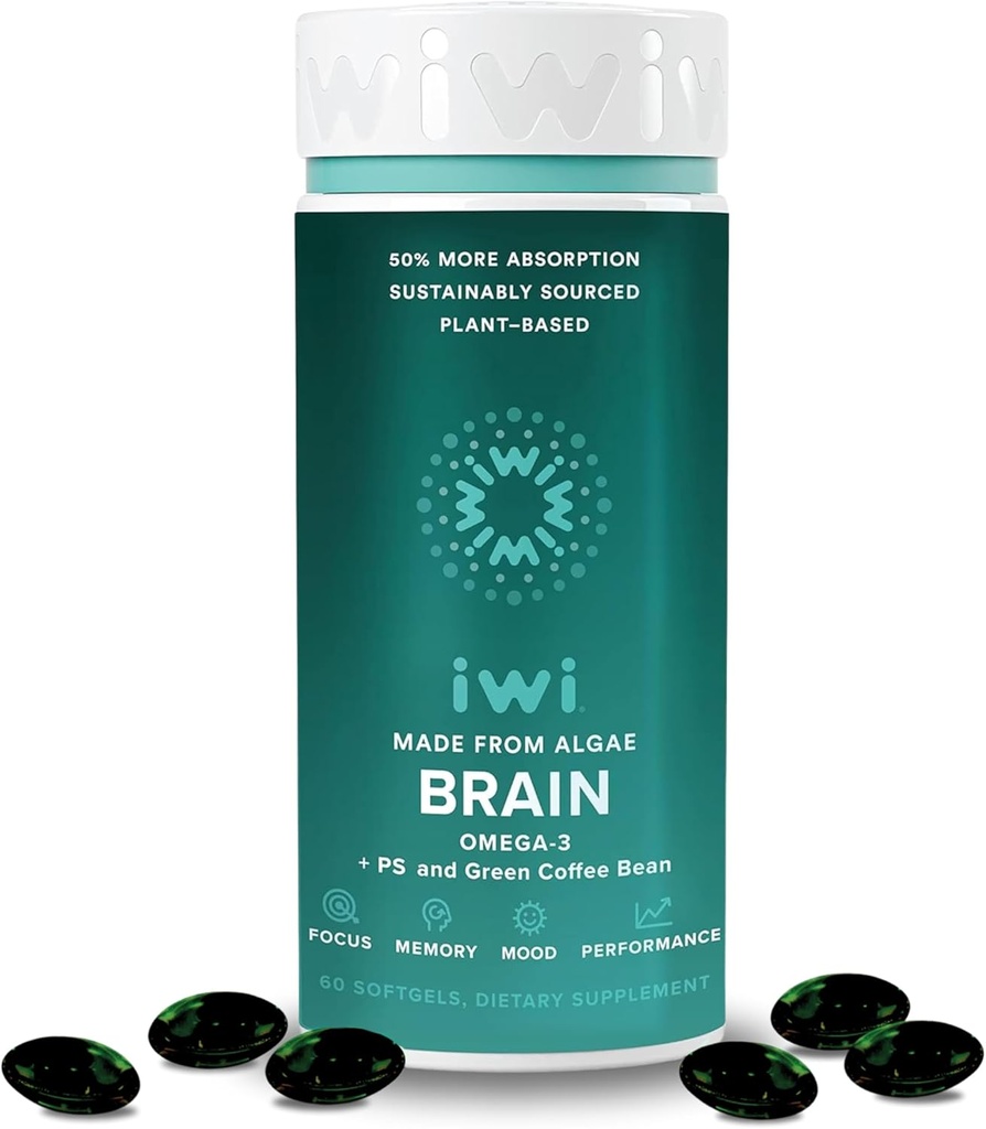Iwi Life Brain Omega33, 60 Softgels (30 Služeb), Vegan Plant- Based Algae Omega33 s EPA + DHA, Focus, Memory and Mood Support Dietary Supplement, Krill & Fish Oil Alternative, No Fishy Aftertact