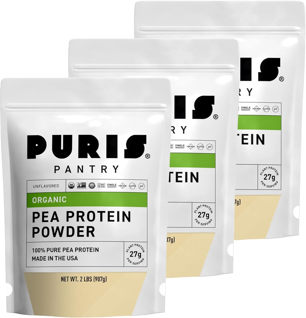 PURIS Organic Pea Protein Powder – USDA Organic Vegan Protein | 27g Plant Protein Per 서빙 | Non-GMO Gluten-Free Soy-Free | Clean Label | 부드러운 맛 | 2 lb (3 팩)