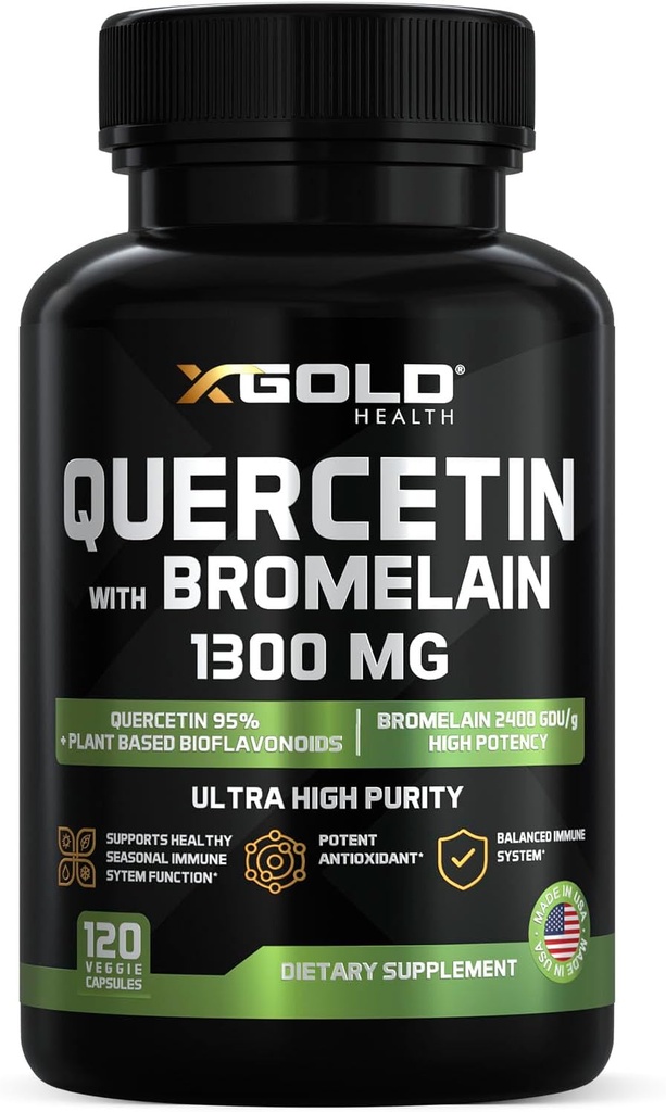 Quercetin + Bromelain 1,300 מ"ג - Quercetin: 95% - Highly Purified and Highly Bioavailable Plus Bromelain 2,400 GDU /g - Made in USA | 120 Caps