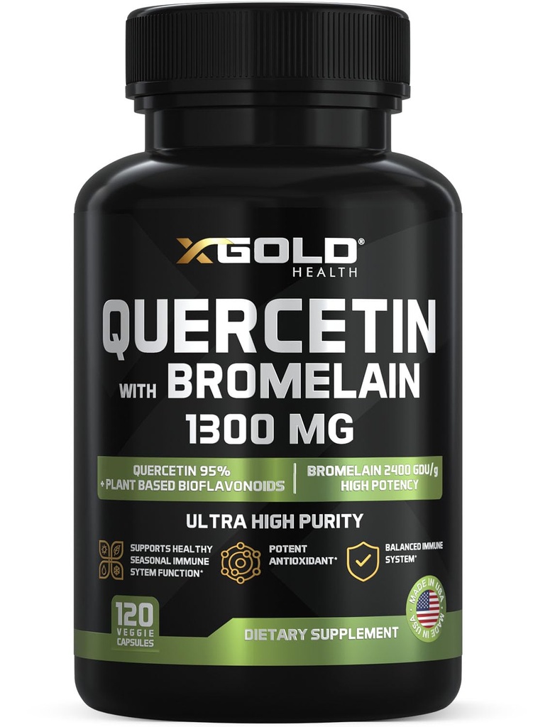 Quercetin + Bromelain 1,300mg Quercetin: 95% - Highly Purified and Highly Bioavailable Plus Bromelain 2,400 GDU/g - Made in USA | 120 Capsules