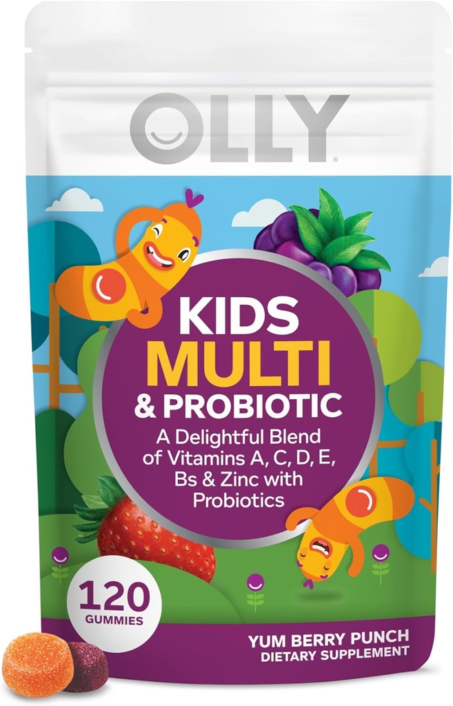 OLLY Uşaqlar Multivitamin & Probiotik Gummy, Digestive Support, Vitamin A, D, C, E, B, Çinko, Chewable, Berry Flavor, 60 gün təchizatı - 120 Count