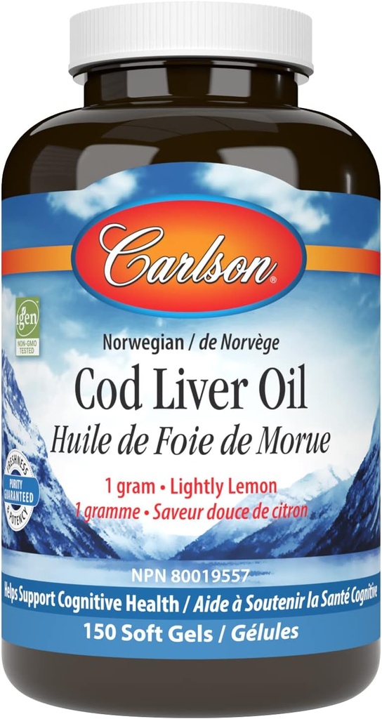 Carlson - Cod Liver Oil Gems, 460 mg Omega- 3 s + Vitamin A & D3, Wild- Caught Norwegian Arctic Cod- Liver Oil, Sustainable Sourced Nordic Fish Oil Capsules, Lemon, 150 Soft żel