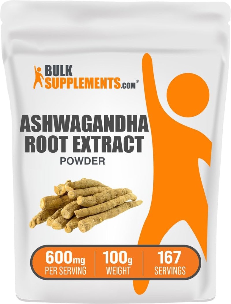 BulkSupplements.com Ashwagandha Root Extract Powder - Ashwagandha Suplemento, Suplemento de herba - Vegan & Gluten Libre, 600mg por porción, 100g (3.5 oz) (Pack of 1)