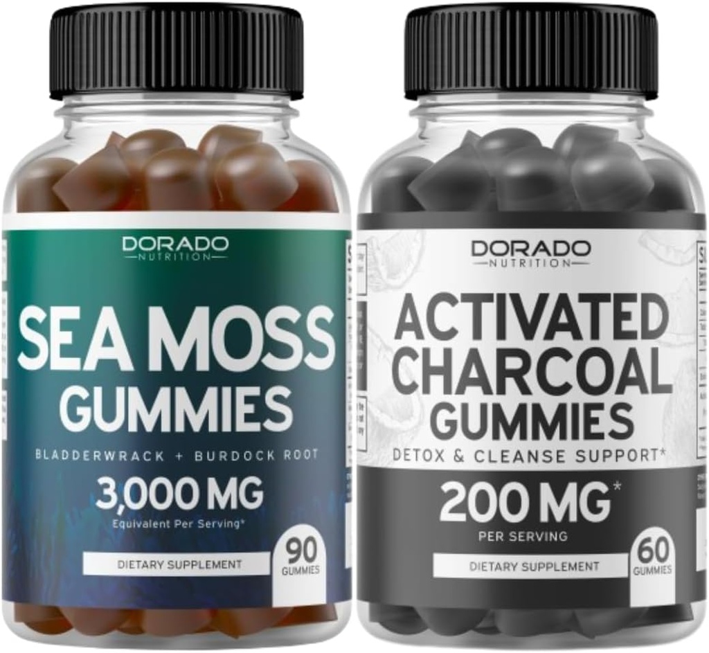Irish Sea Moss (90 Gummies) Raw Seamos for Thyroid, Energy & Immune Support and active Charcoal (60 Gummies) Healthy Detox & Cleanse Support - Organic Coconut Shells - Made in USA