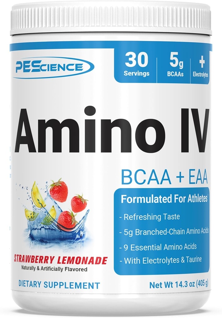 PEScience Amino IV BCAA & EAA Pulver, essentielle Aminosäuren, Taurine, Elektrolyte für Hydration und Muskelrückgewinnung, Zucker frei für Männer und Frauen, Post Workout - Erdbeer-Lemonade - 30 Servietten