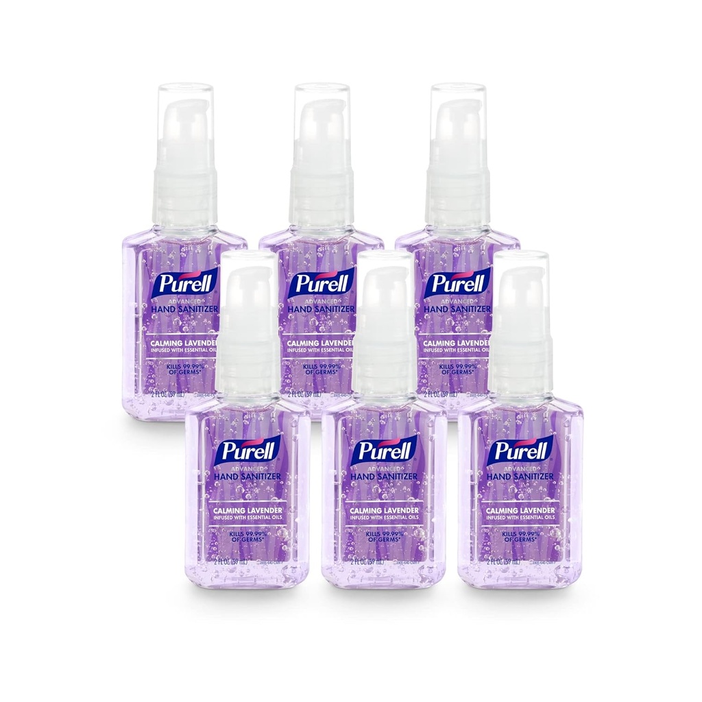 Purell Advanced Hand Sanitizer Gel mit ätherischen Ölen, Calming Lavender, 2 fl oz Travel-Size Pump Bottle (Pack von 6), 3905-04-EC