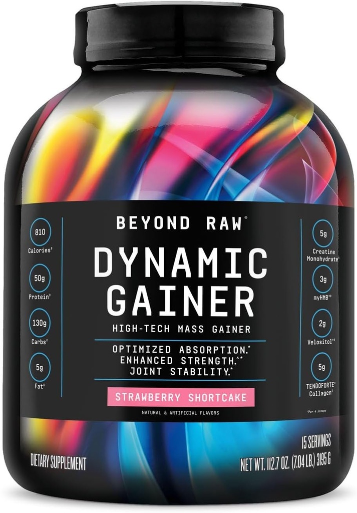 BEYOND RAW Dynamic Gainer, 하이테크 Mass Gainer, 최적화 흡수 및 향상된 강도, Strawberry Shortcake, 15 서빙