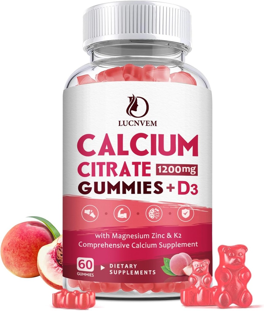 Citrato de cálcio 1200mg com pastilhas de vitamina D3, pastilhas de cálcio com vitamina D3 para mulheres e homens, Cal Magnésio Zinco para músculo ósseo saudável- Natural White Peach Sabor- 30 Dia Fornecimento