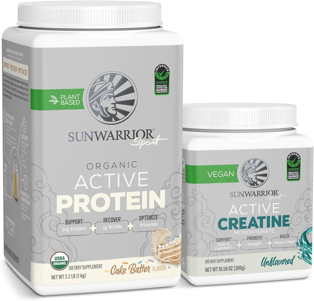 Sunwarrior Vegan Protein Powder USDA Organiczne 124; 20 Słupki Ciasto Batter zapachowy & Kreatyna Monohydrat Proszek 124; 60 Słupki Unflavored