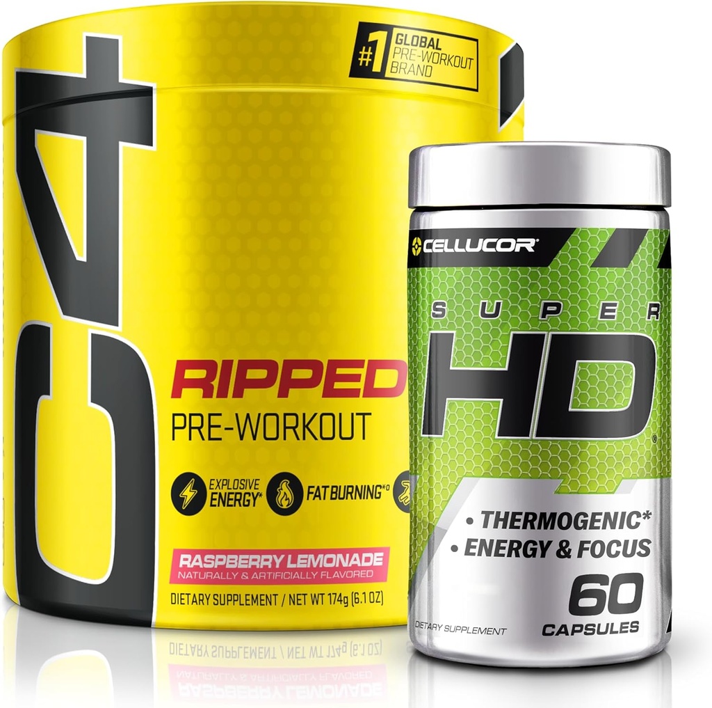 C4 Ripped " SuperHD, The Thermogenic Bundle, C4 Ripped Pre Workout Powder, Raspberry Lemonade 30 Servings + SuperHD with Capsimax and Green Tea Extract, 60 Servings
