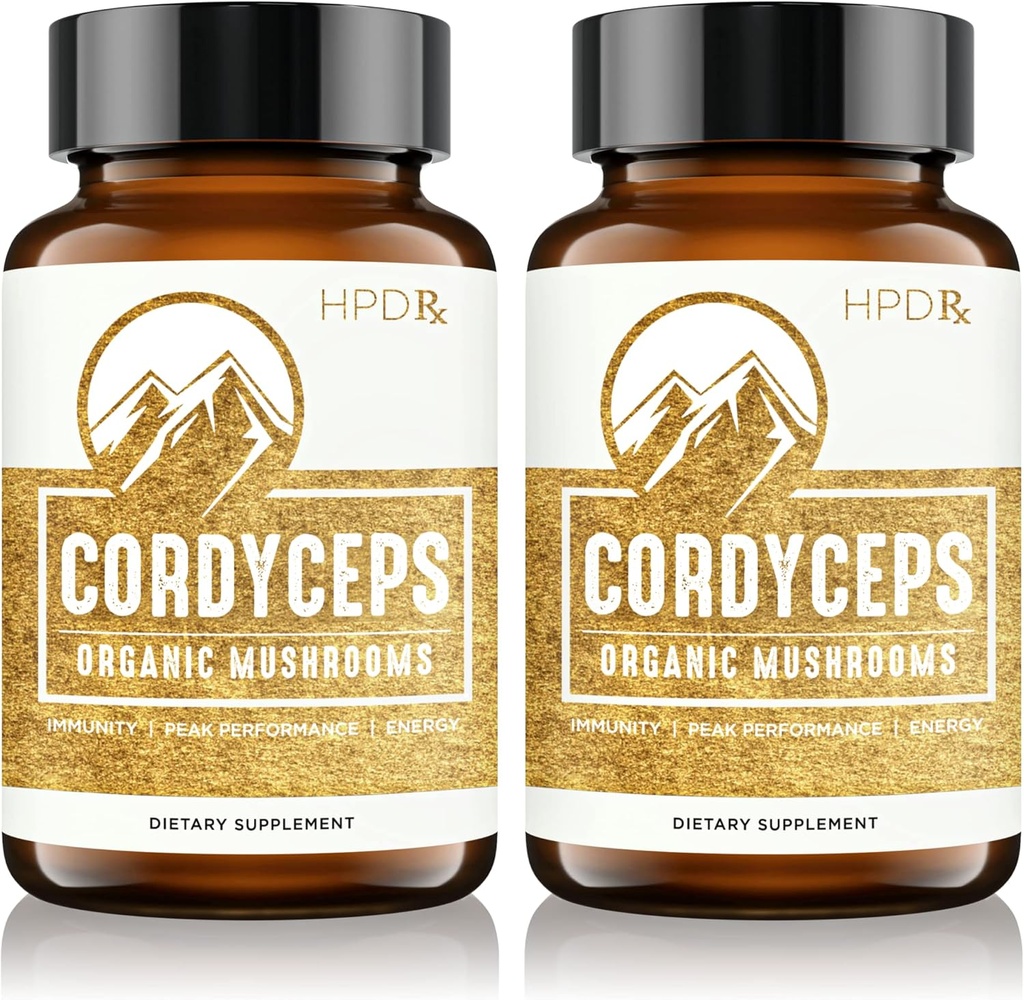 HPD Rx Premium Organic Cordyceps Estratto di funghi Supplemento di prestazioni per energia, resistenza e immunità | 2250 mg, 240 capsule, pacchetto di 2