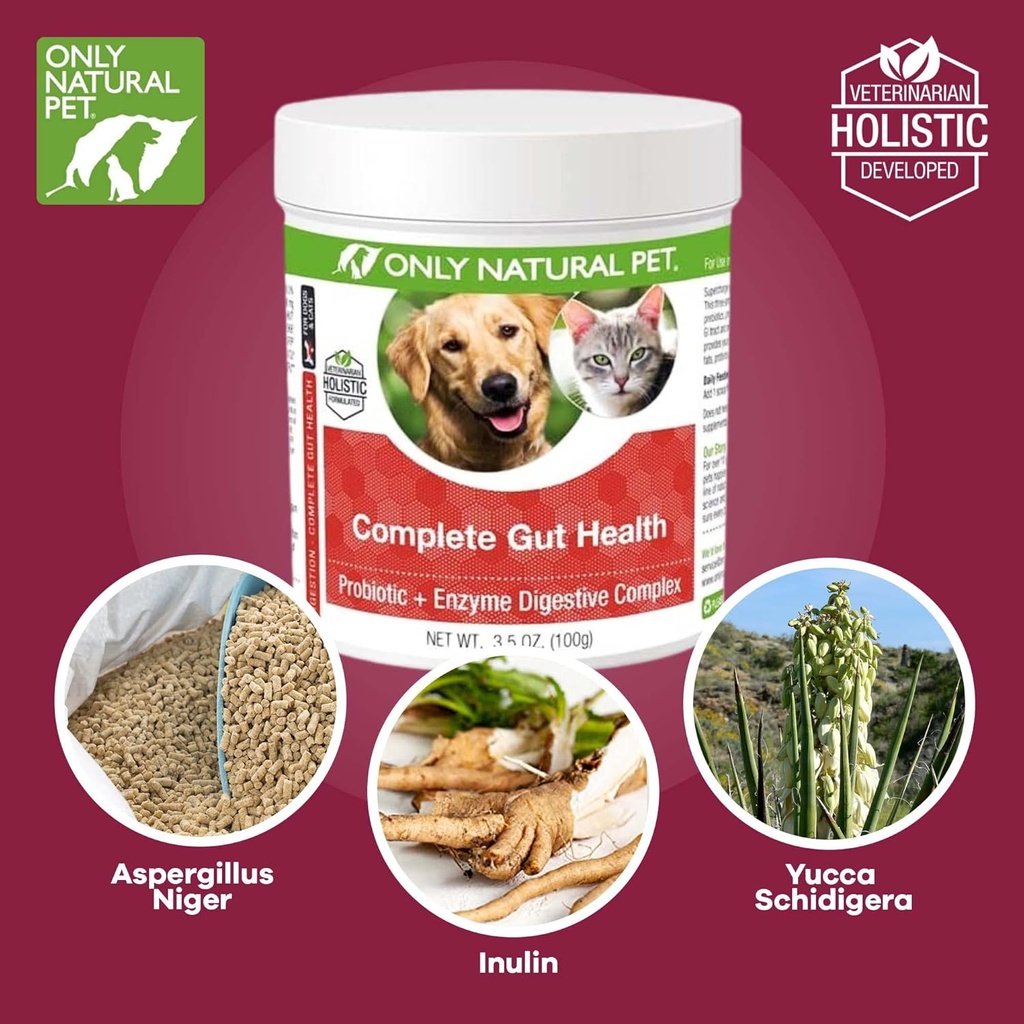 רק Natural Pet Complete Gut Health Complex - Probiotics & Digestive Enzyme תוסף לכלבים וחתולים - מקדם בריאות, מערכת החיסון, Absorption תזונתית - Made in USA -3.5oz אבקת אבקה