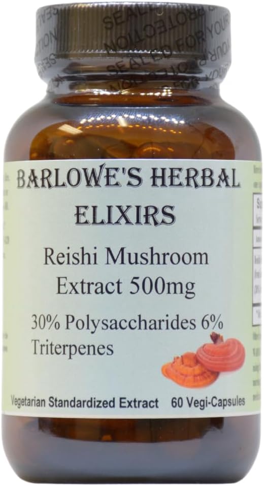 Barlowe 's Bylinné Elixirs Reishi Houba Extract Dodatek 124; Red Reishi 124; Ganoderma Lucidum 124; 30% Polysacharidy 124; 6% Triterpenes 124; 500mg 124; 60 Veggie Kapsle