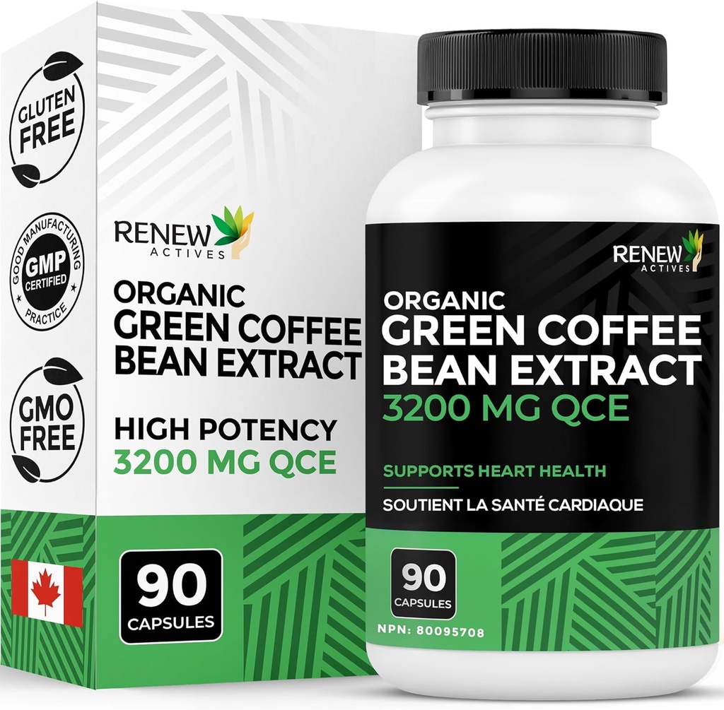 Renew Actives High Potency Green Coffee Bean Extract - 800mg per Serving Green Coffee Bean Extract with 50% Chlorogenic Acid for Antioxidant Benefits - Made in Canada - 90 Vegan Capsules