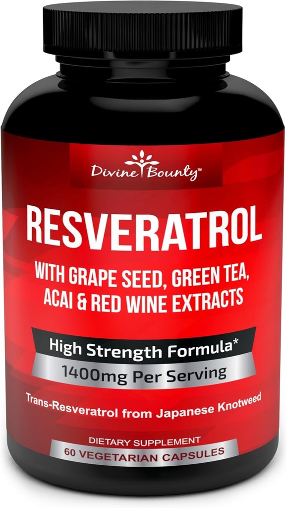 Resveratrol Supplement - 1400mg Extra sila Formula s extraktom z hroznových semien, extrakt zo zeleného čaju, extrakt z červeného vína - 60 Veggie Kapsule